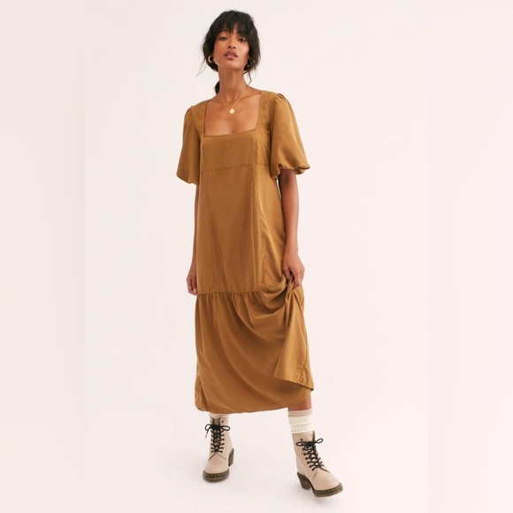 Free People Large Jordan Puff Short Sleeve Drop Ruffle Hem Midi Dress Tobacco - Picture 3 of 11